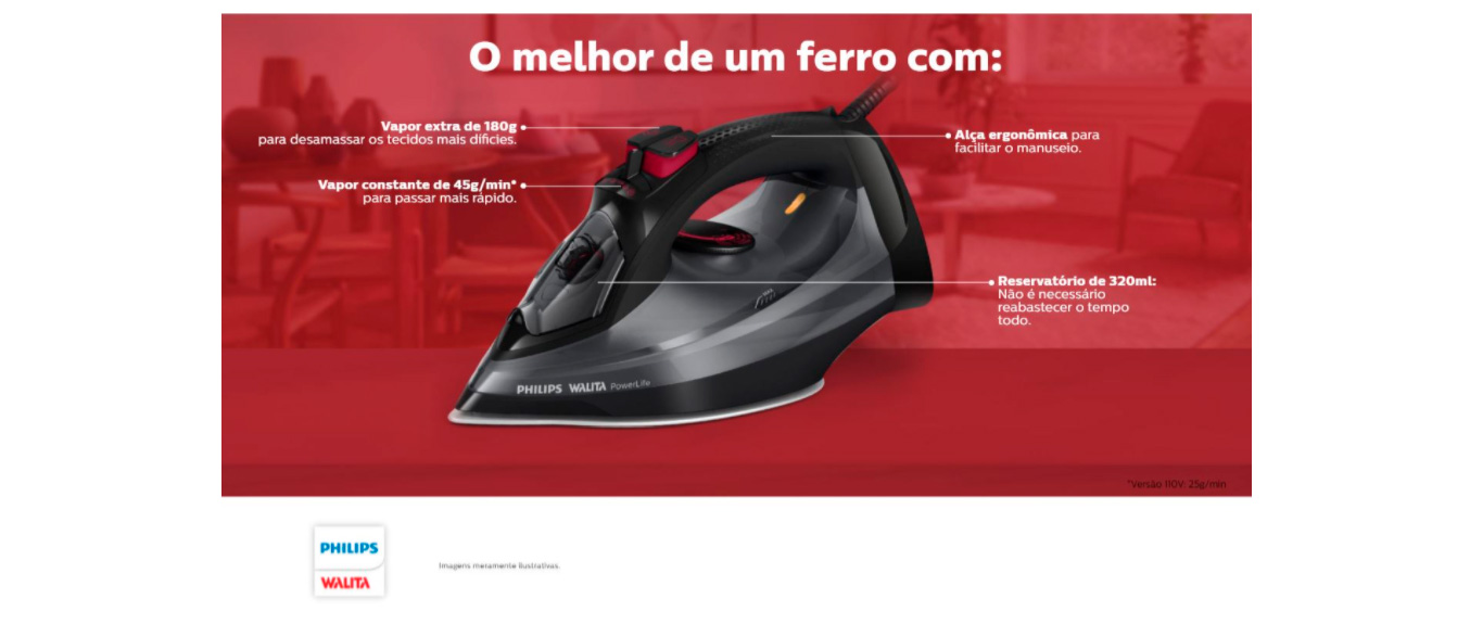 Ferro de Passar à Vapor Philips Powerlife Preto Ri2995/84 com Base Cerâmica Steamglide - 220V